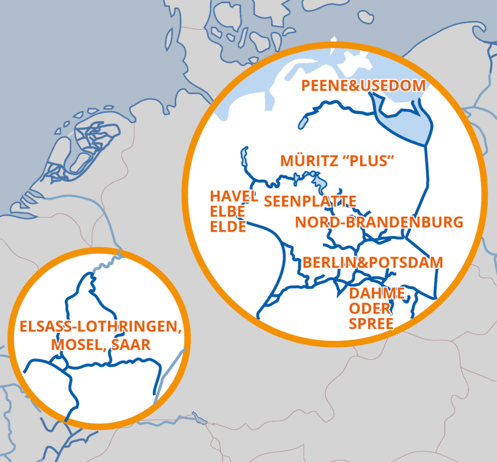 Karte der Hausbootrevieve Deutschland und Frankreich